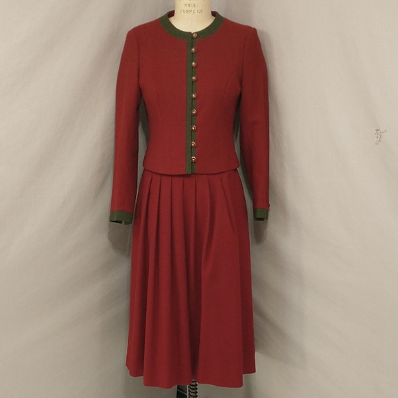 Austria Baur Loden Skirt Set Wool Jacket Burgundy Dirndl Ecke Maroon 40 Moth Dam